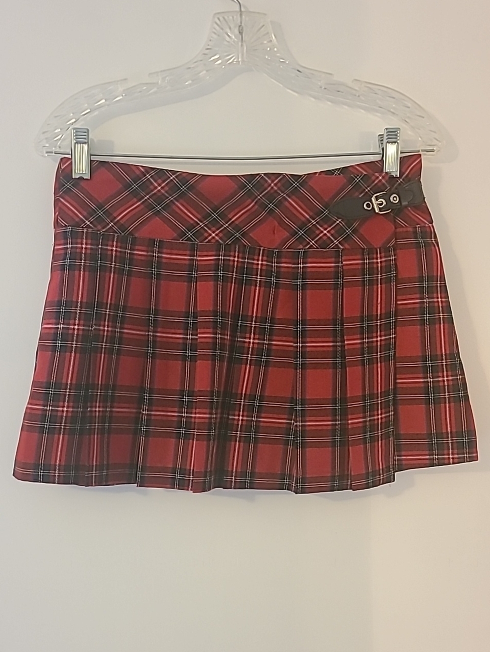 VTG 90s Girls Only Plaid Pleated Mini Skirt Red Tartan Kilt Buckle Made in USA